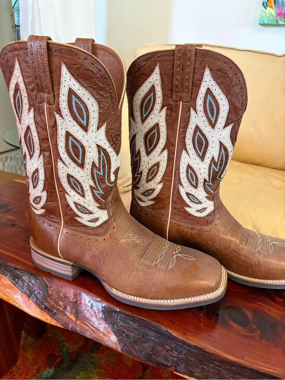 Brown Western Cowboy Boots with White & Turquoise Stitching